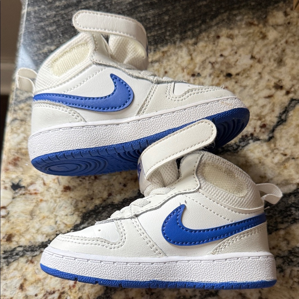 Nike Kids White and Blue High-Top Sneakers with Hook-and-Loop Strap